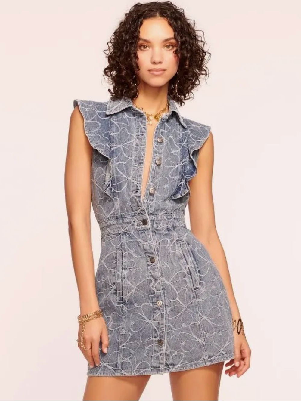 Ramy Brook Embroidered Denim Mini Dress - Light Blue
